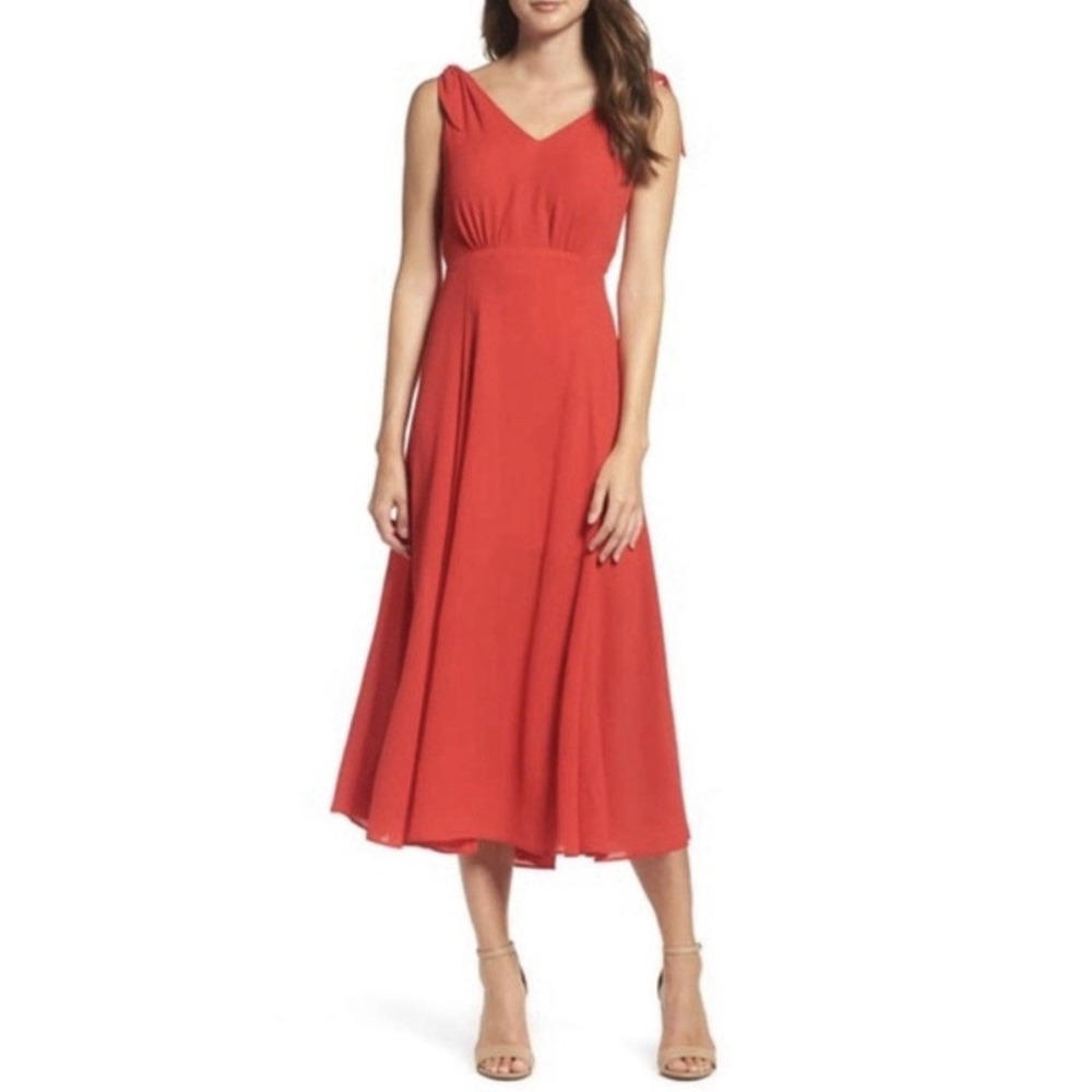 Betsey Johnson Women's Red Floral Crep Midi Dress Tie Shoulder Cocktail Party 10